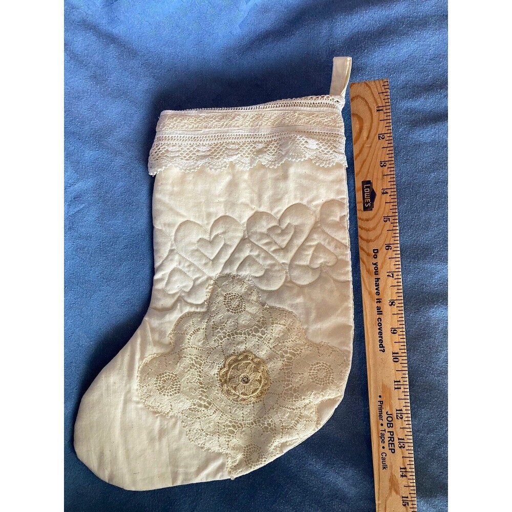 Quilted CHRISTMAS STOCKING  Ivory Vintage Lace Holiday Decor